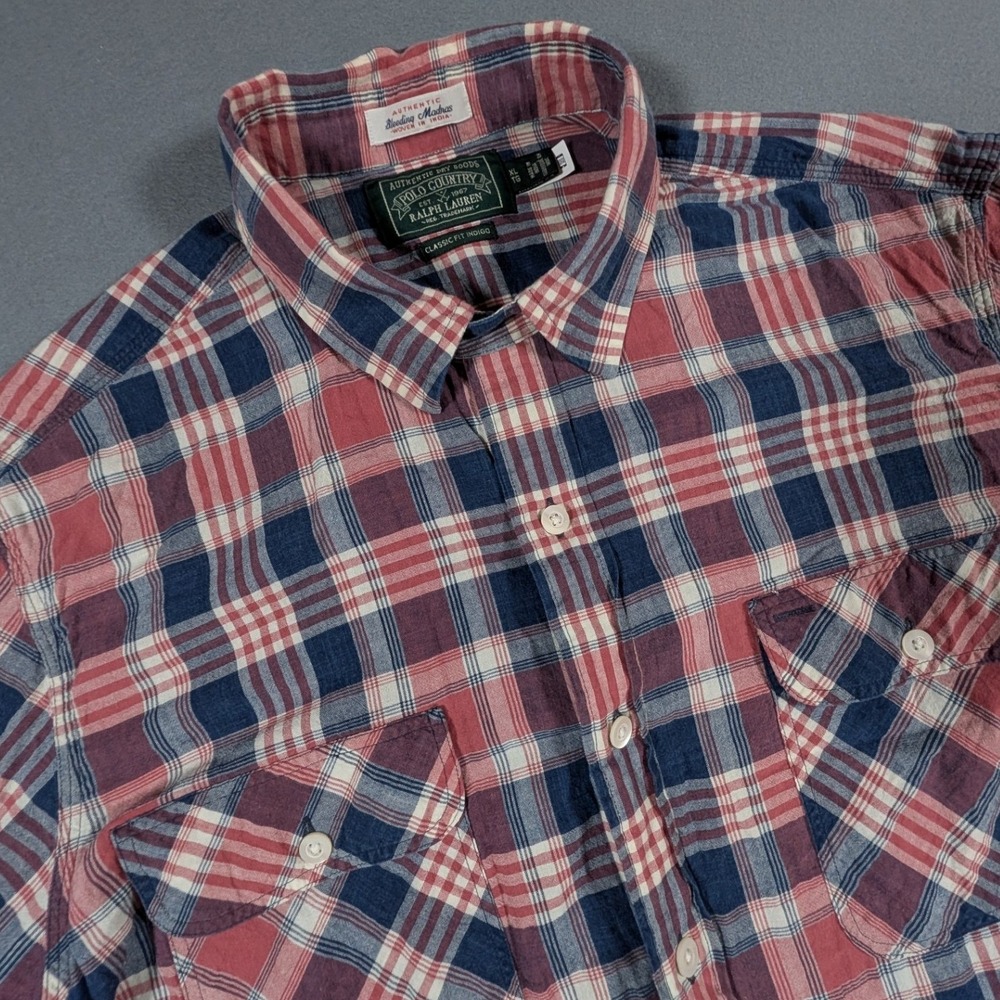 Polo Country Ralph Lauren Button Down Shirt Mens XL Plaid Bleeding Madras Indigo